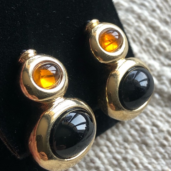 Vintage Signed Modital 90's Onyx Amber Brass Gold Statement Earrings - Picture 2 of 7